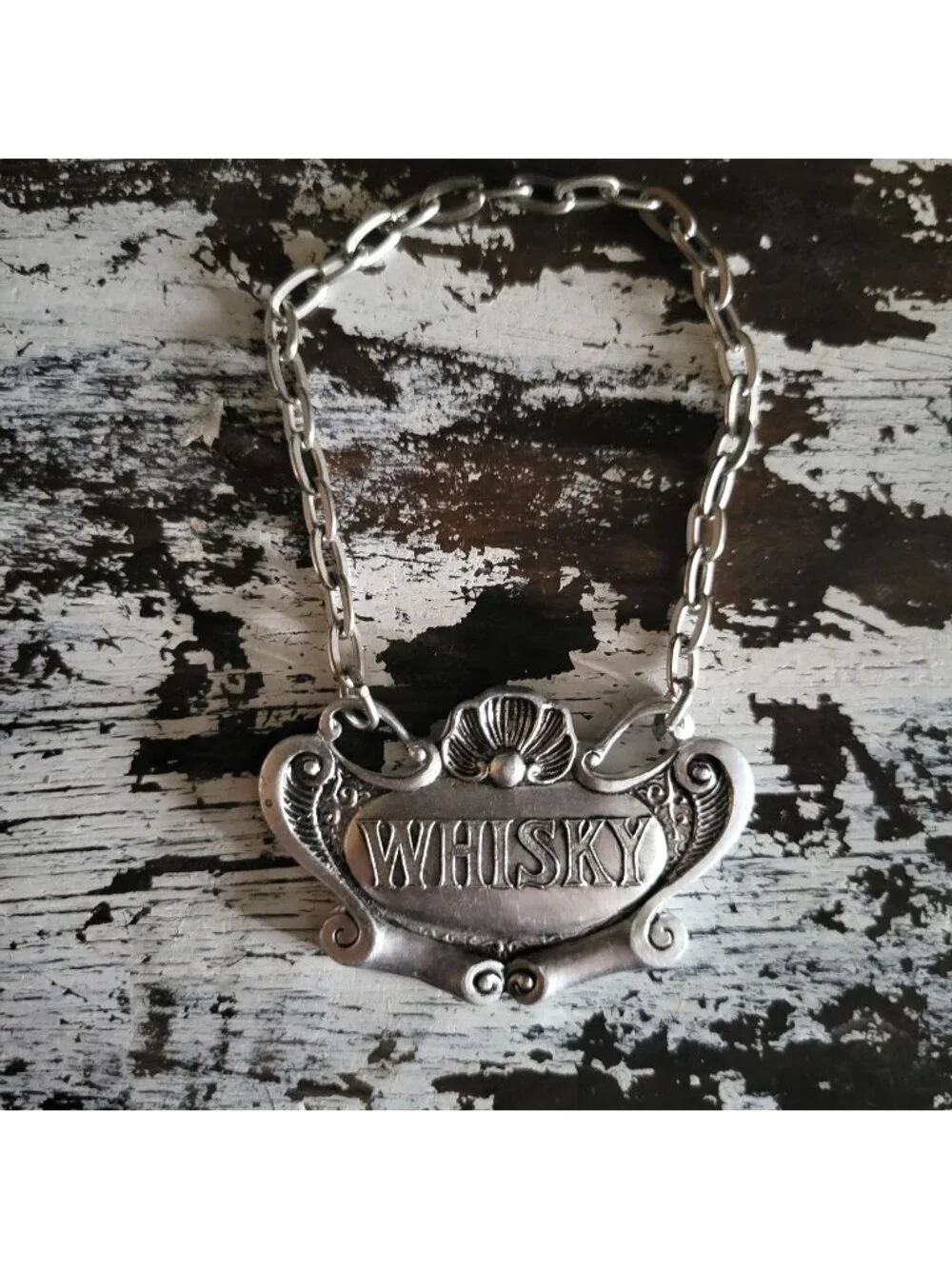 Vintage Pewter Whisky Decanter Label With Chain Made In Italy Elegant Barware
